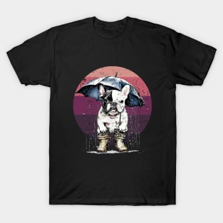 Cute french bulldog under the rain with umbrella, vintage style, frenchie mon, frenchie dad, frenchie on vintage sun T-Shirt